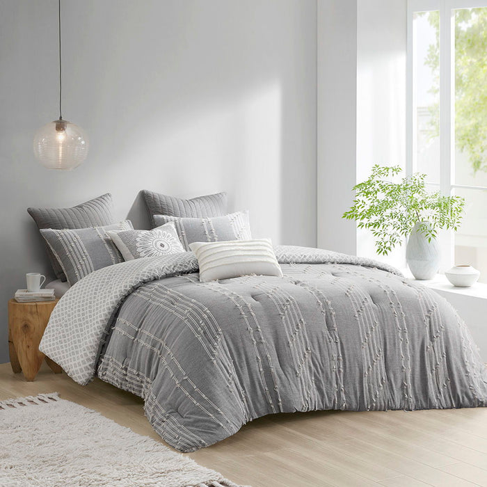 Kara - 3 Piece Cotton Jacquard Comforter Set - Gray