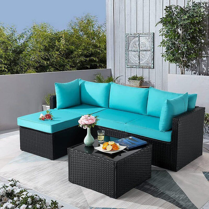 Wicker L Shape Three Piece Sofa Set - Aqua / Brown