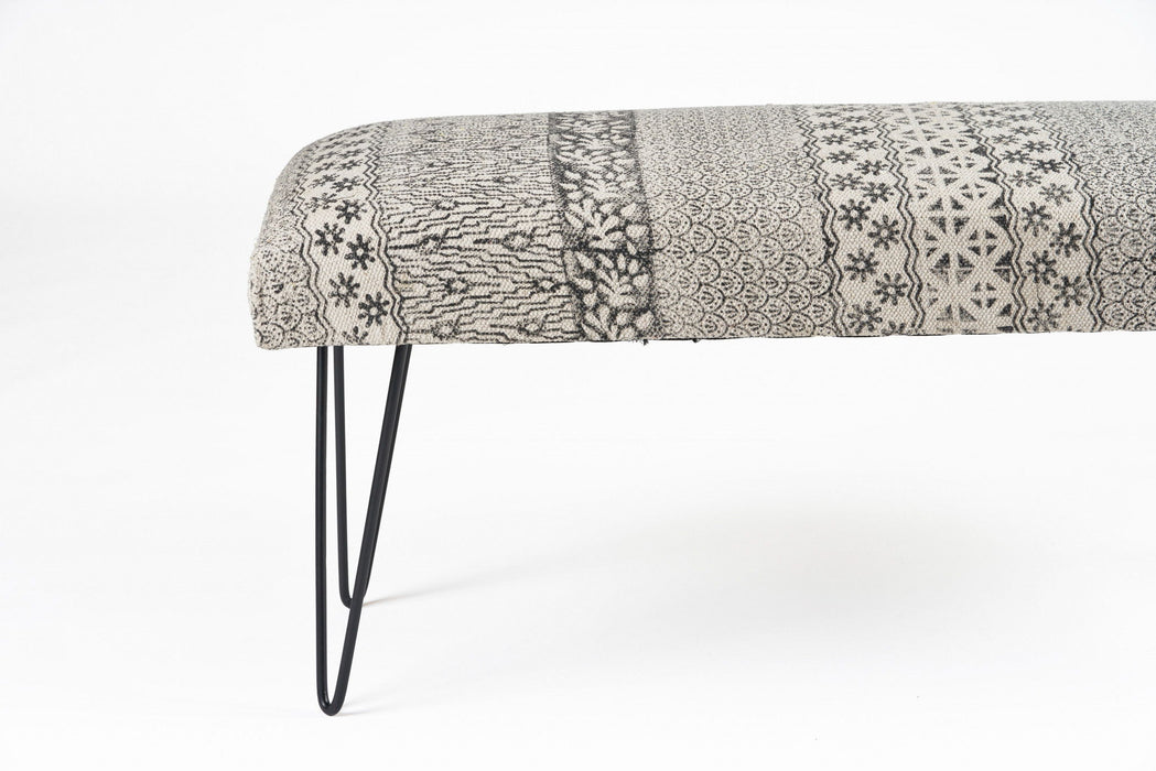 Leg Abstract Floral Upholstered Bench - Charcoal Gray / White Black