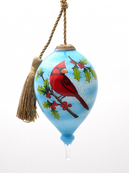 Red Cardinal On Christmas Holly Branches Hand Painted Mouth Blown Glass Ornament