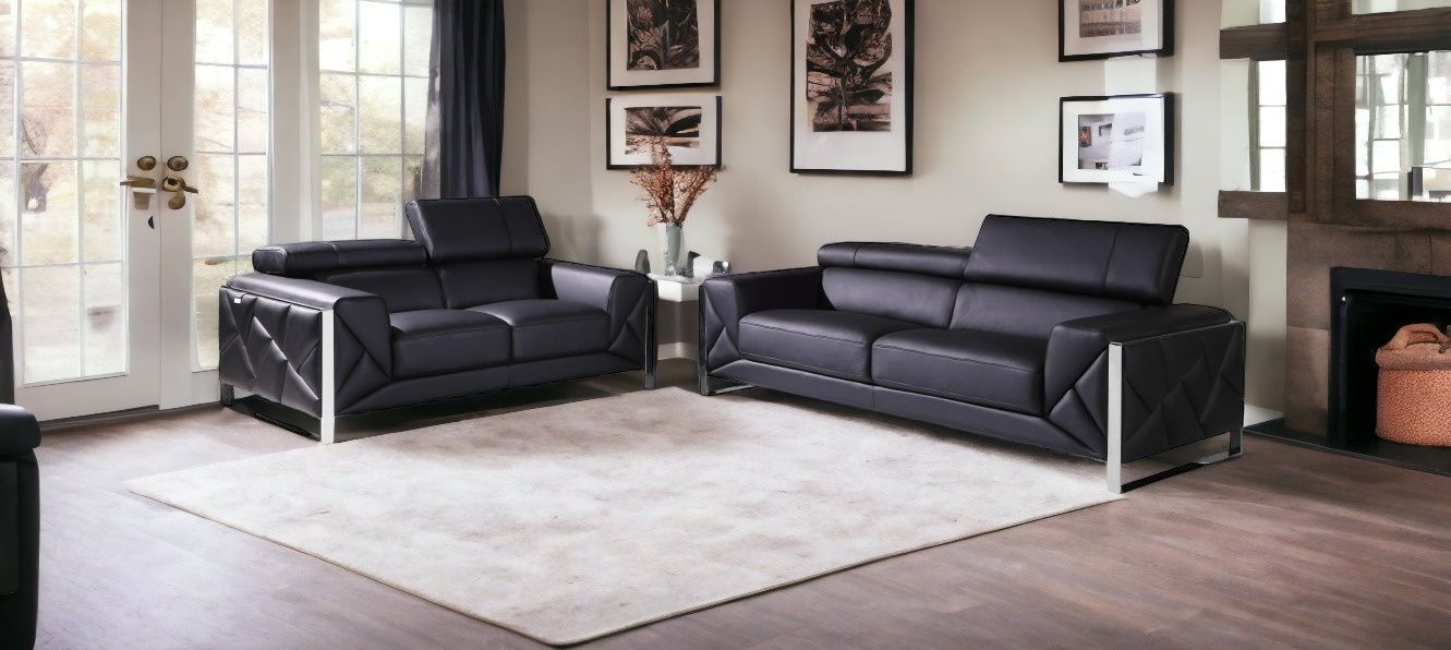 2 Piece Five Person Italian Leather Indoor Seating Set - Black