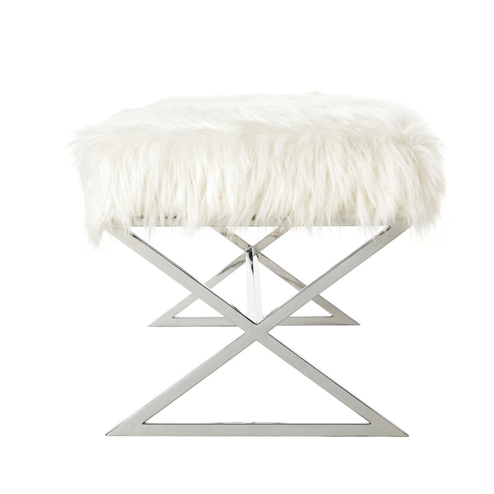 Faux Fur Bench Upholstered - White / Silver