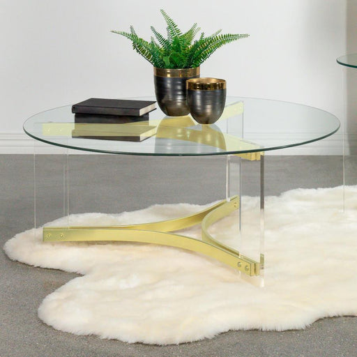 Janessa - Round Glass Top Coffee Table With Acrylic Legs - Clear And Matte Brass - Simple Home Plus