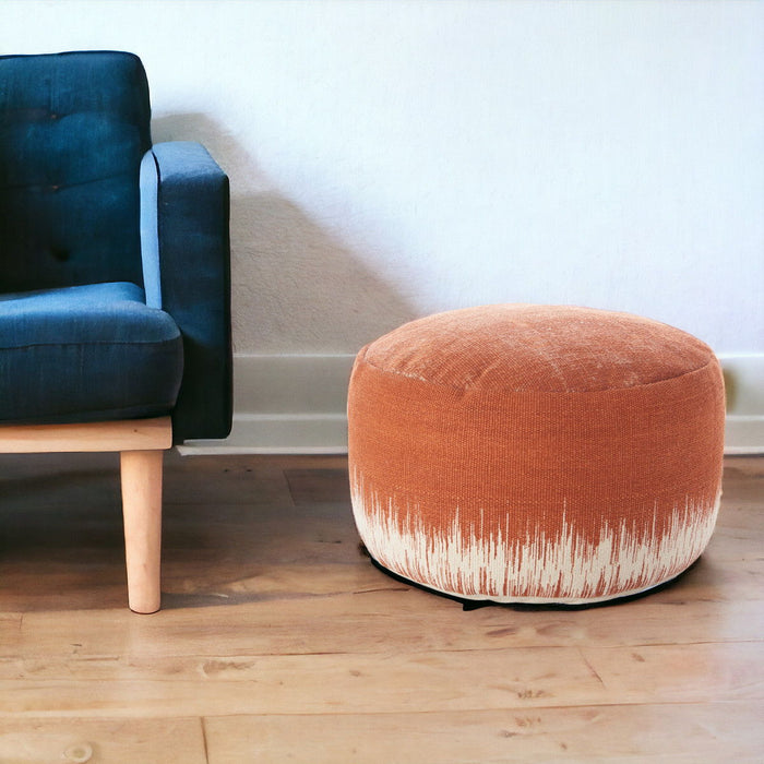 Cotton Round Abstract Pouf Ottoman - Orange / White