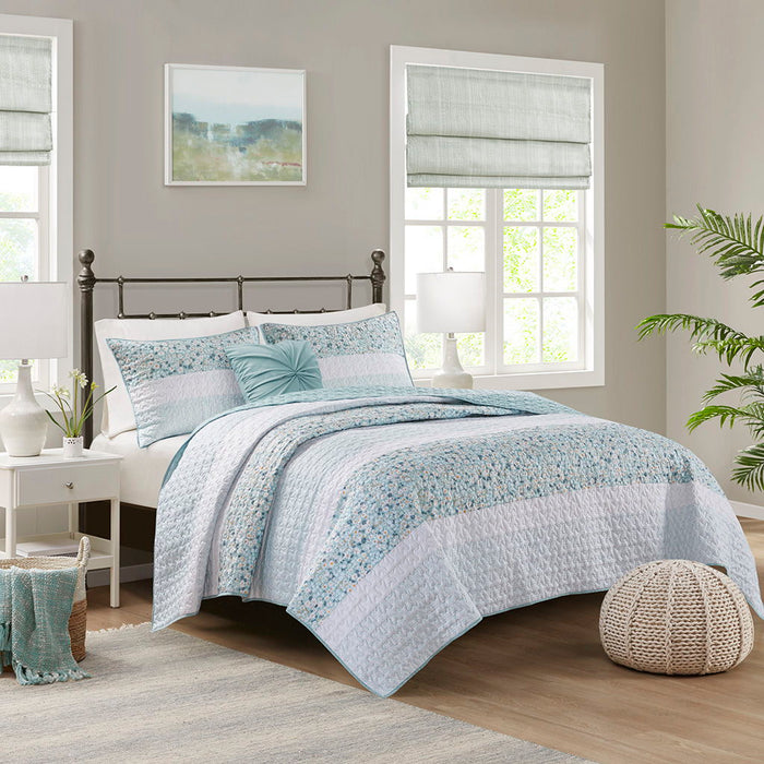 Caralie - 4 Piece Full Seersucker Coverlet Set With Throw Pillow - Aqua