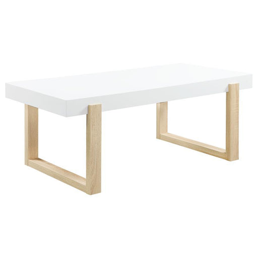 Pala - Rectangular Coffee Table With Sled Base - White High Gloss And Natural - Simple Home Plus