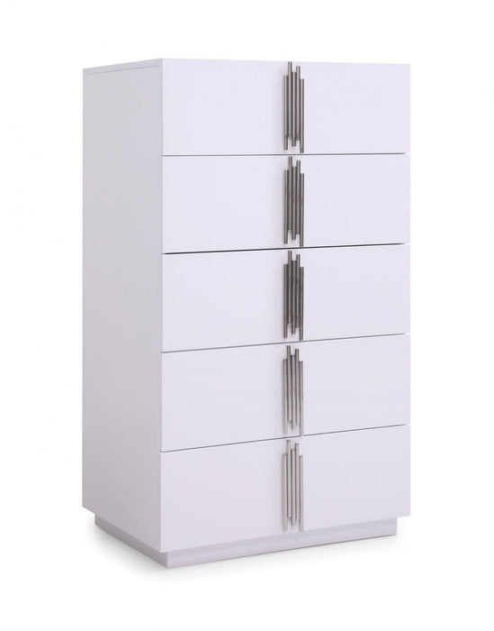 Solid Wood Stainless Steel Five Drawer Chest - White Silver