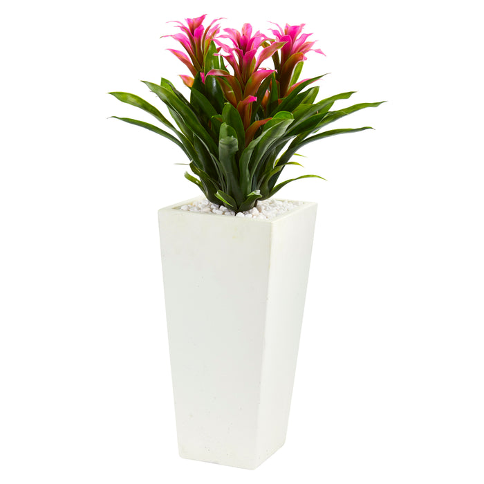 26" Triple Bromeliad Plant in White Tower Planter