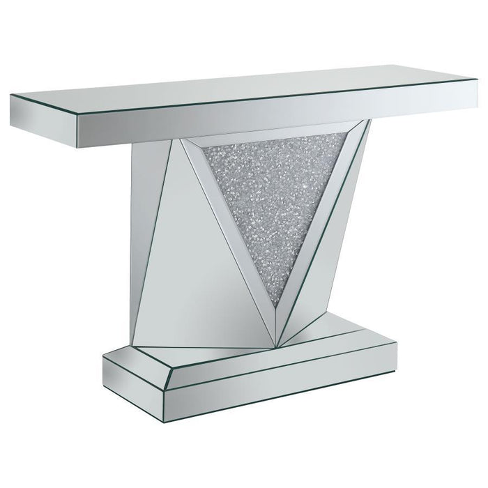 Amore - Rectangular Sofa Table With Triangle Detailing - Silver And Clear Mirror - Simple Home Plus