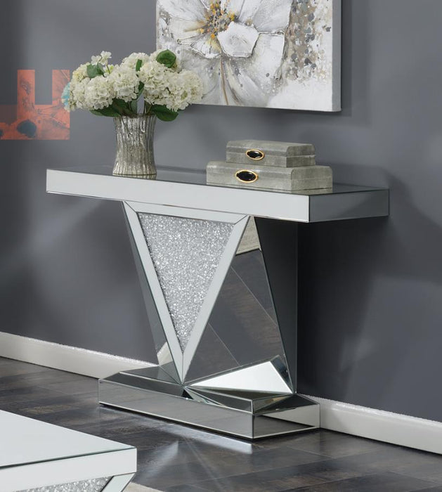 Amore - Rectangular Sofa Table With Triangle Detailing - Silver And Clear Mirror - Simple Home Plus