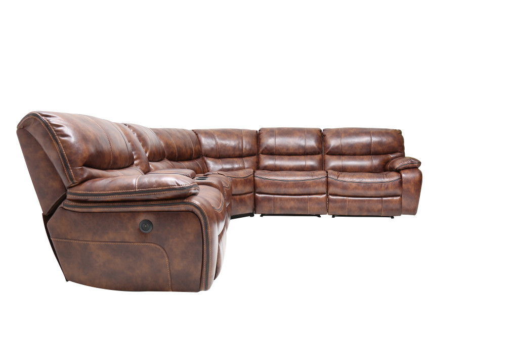 Leather Power Reclining L Shaped Six Piece Corner Sectional With Console - Brown