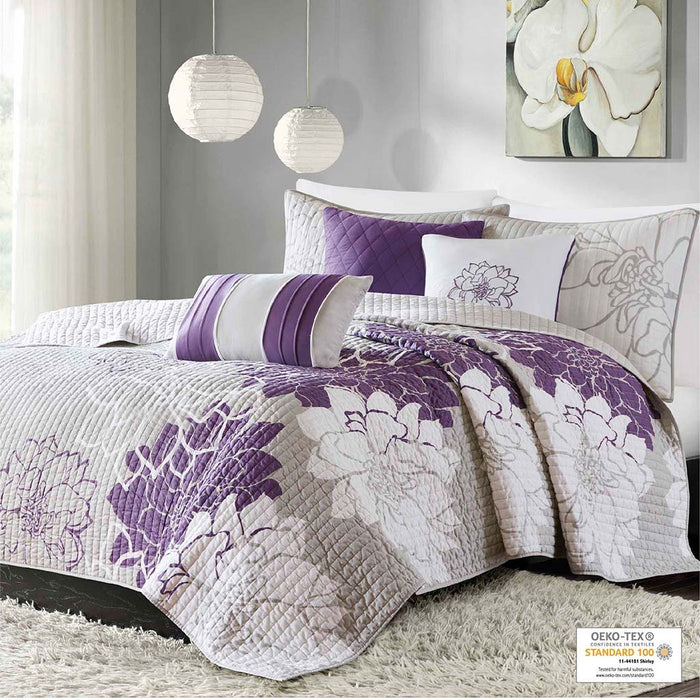 Lola - King 6 Piece Reversible Printed Coverlet Set - Purple