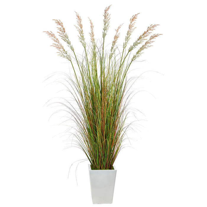 74" Grass Artificial Plant in White Metal Planter