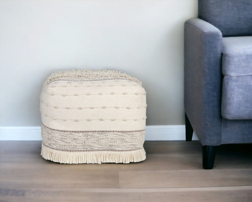 Cotton Striped Pouf Ottoman - Cream