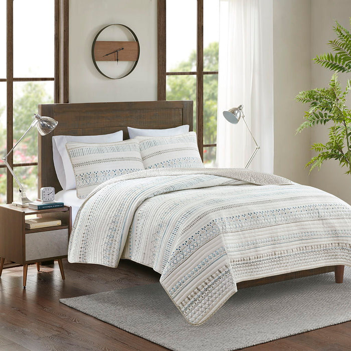 Fraser - 3 Piece Printed Microfiber Seersucker Quilt Set - Taupe/Blue