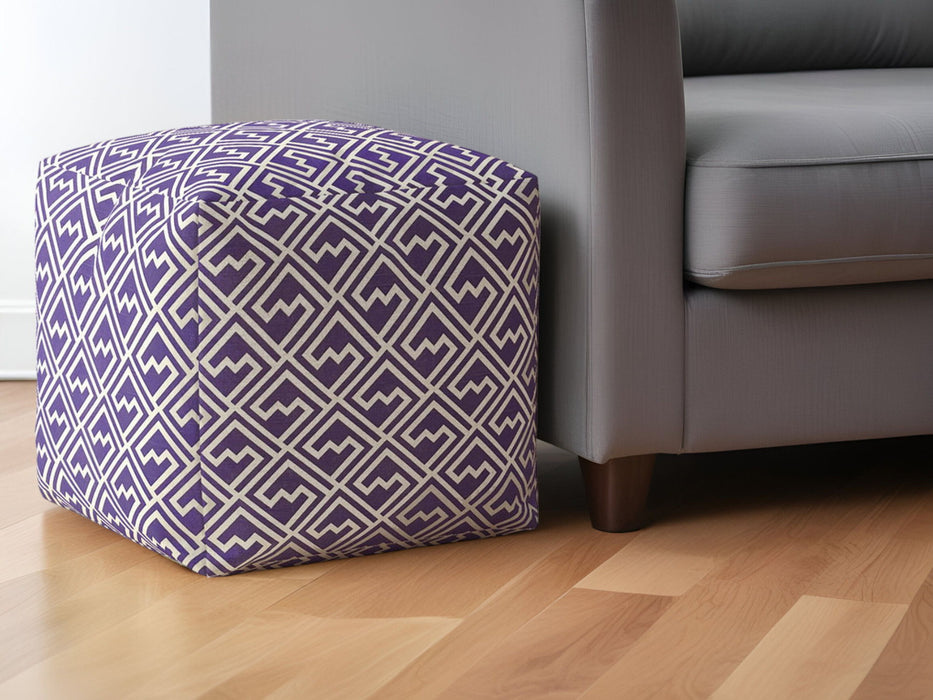 Cotton Damask Pouf Ottoman - Purple / White