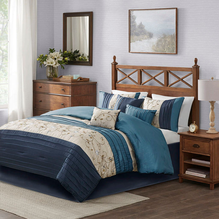 Serene - California King Embroidered Piece Comforter (Set of 7) - Navy