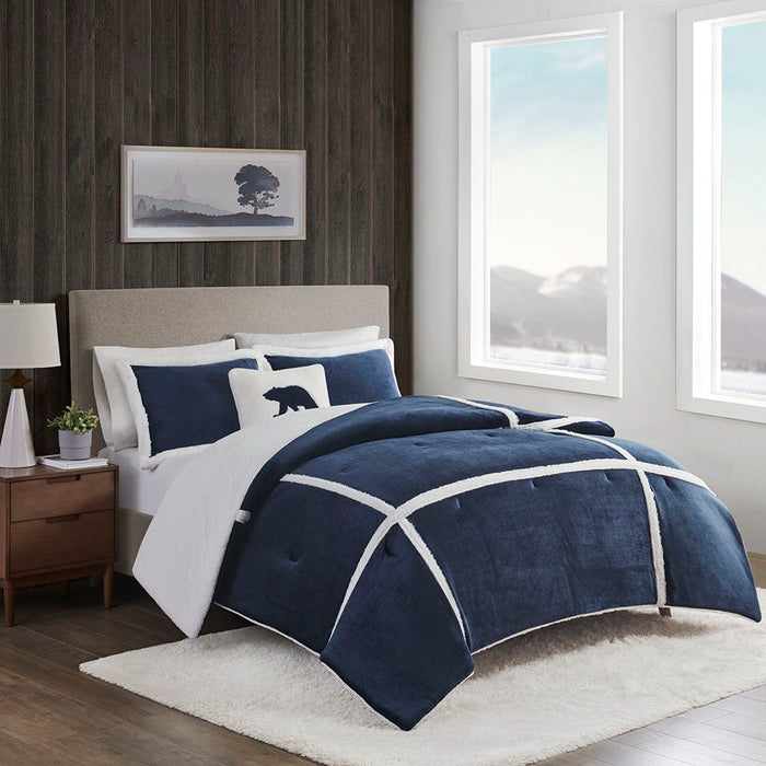 Orlen - Twin Plush To Sherpa Comforter Set - Navy