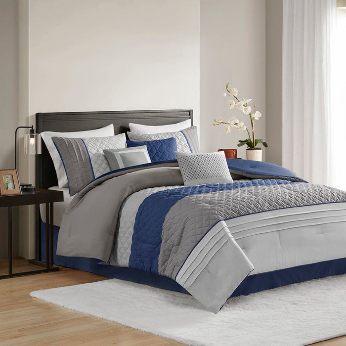 Jenson - 7 Piece Color Block Stripe Comforter Set With Throw Pillows - Blue/Gray