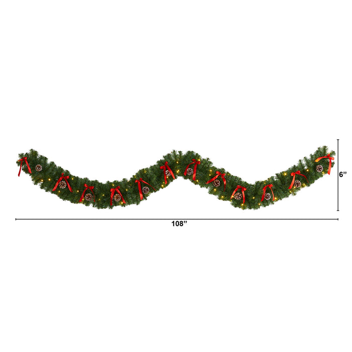 9 Bow and Pinecone Christmas Garland w/35 Clear LED Lights