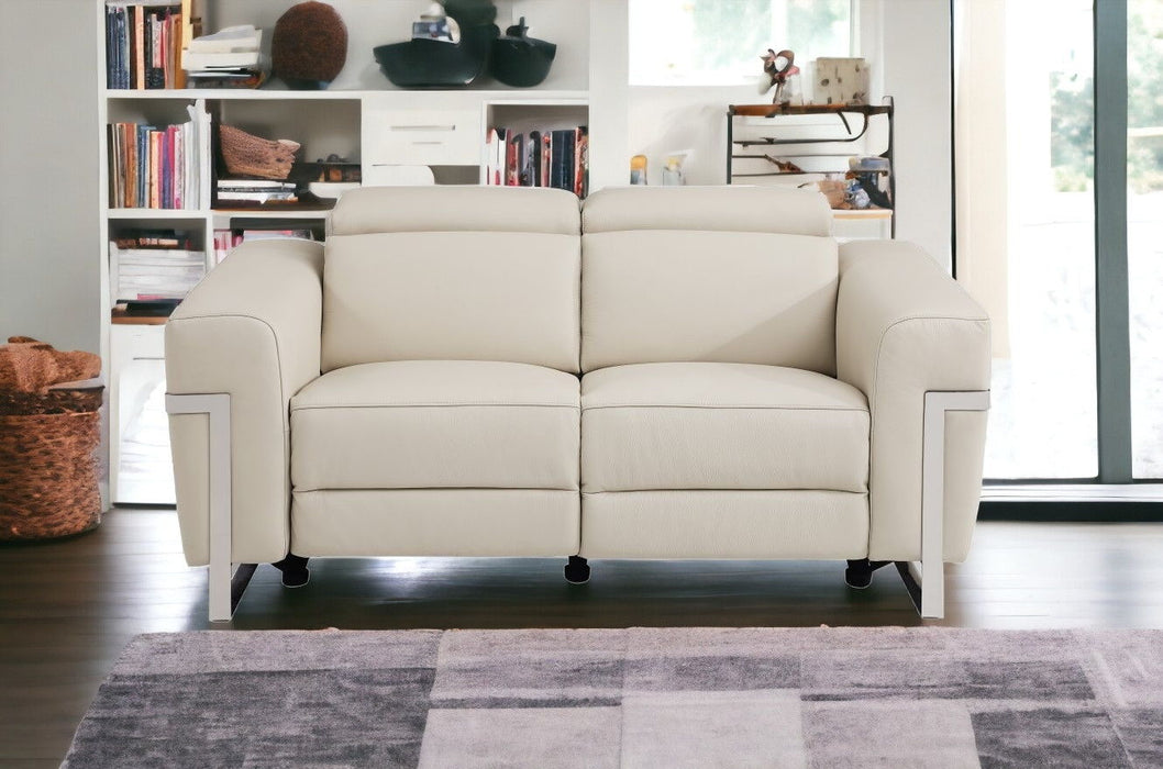 Italian Leather, Power Reclining Loveseat - Beige / Silver