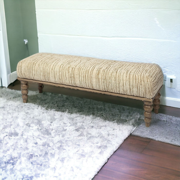 Wood Upholstered Polyester Blend Bench - Cream / Brown