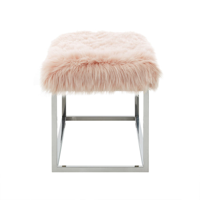 Faux Fur Upholstered Bench - Rose / Silver