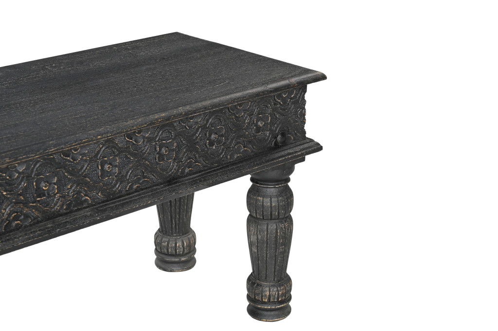 Distressed And Carved Solid Wood Dining Bench - Black