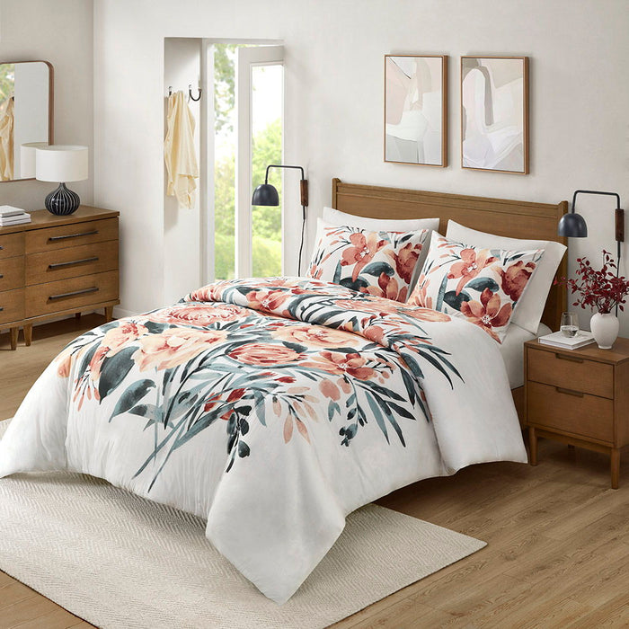 Dahlia - 3 Piece Floral Cotton Duvet Cover Set - Peach/Off-White