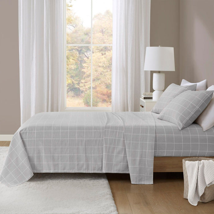 Oversized Cotton Flannel - 4 Piece Queen Sheet Set - Gray Windowpane