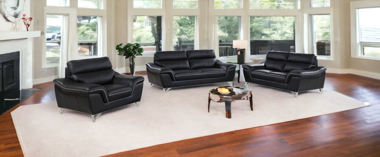 Three Piece Genuine Leather Indoor Six Person Seating Set - Black