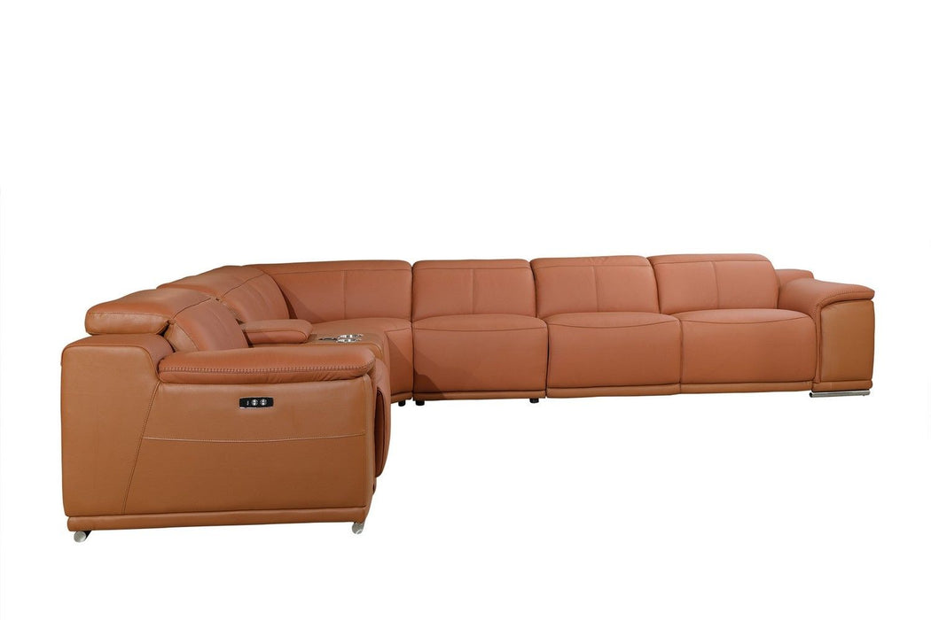 Italian Leather Power Reclining U Shaped Seven Piece Corner Sectional With Console - Camel