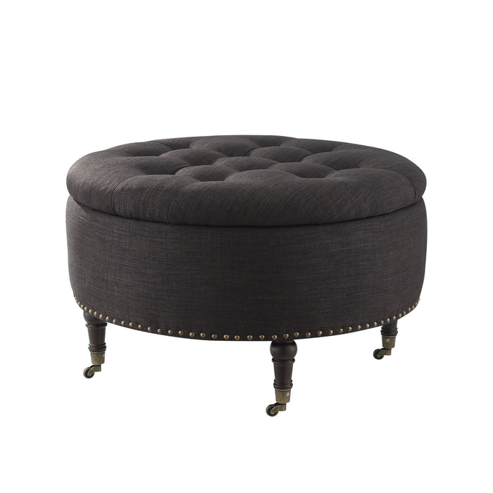 Linen Rolling Tufted Round Storage - Charcoal / Brown