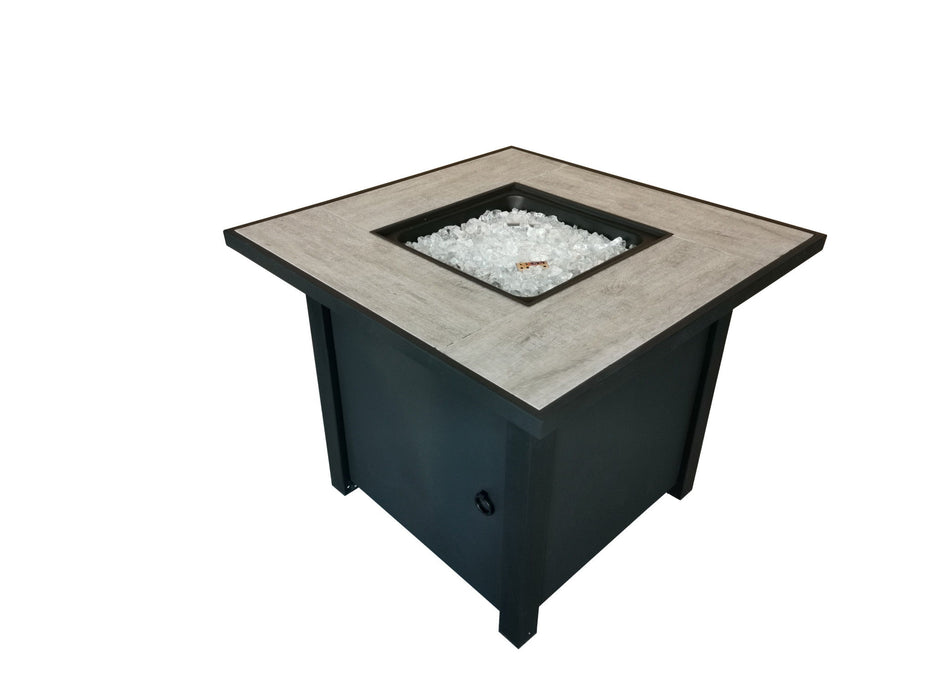 Square Fire Pit With Glass Rocks - Black Metal / Tile