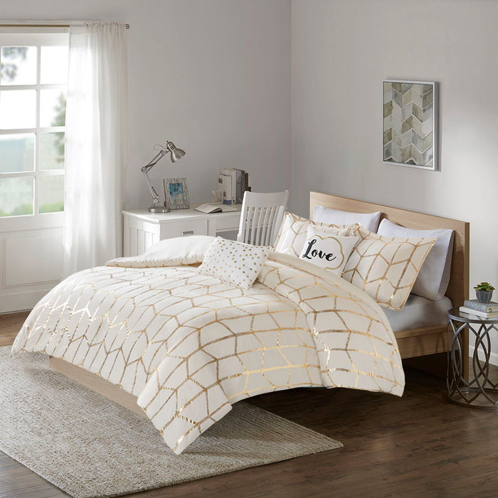 Raina - Twin Metallic Printed Duvet Cover Set - Ivory / Gold