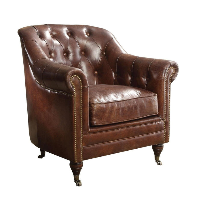 Top Grain Leather Tufted Chesterfield Chair - Brown