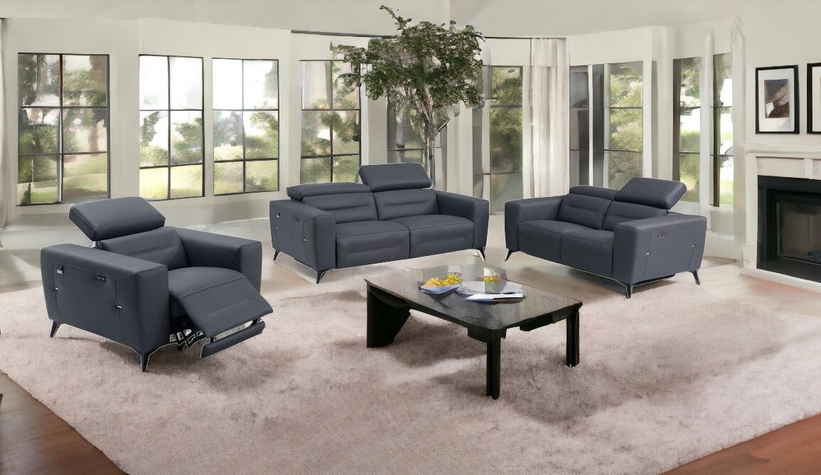 Three Piece Indoor Six Person Italian Leather Seating Set - Dark Gray