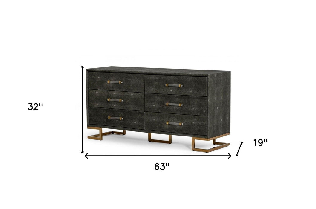 Faux Leather And Gold Six Drawer Double Dresser - Gray Shagreen