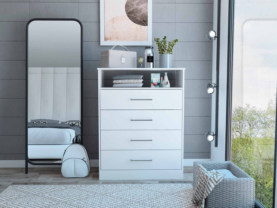 Modern Four Drawer Dresser With Hutch - White