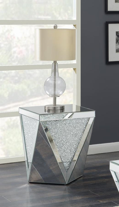 Amore - Square End Table With Triangle Detailing - Silver And Clear Mirror - Simple Home Plus