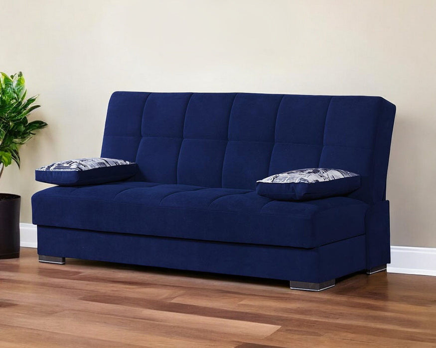 Chenille Sleeper Sofa And Toss Pillows With Brown Legs - Navy Blue