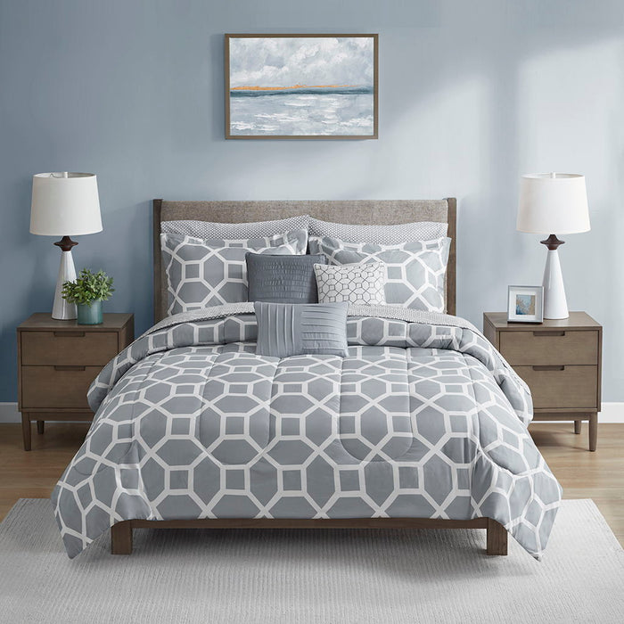 Nora - 10 Piece Geometric Comforter Set With Bed Sheets - Gray