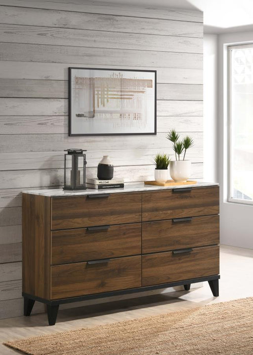 Mays - 6-Drawer Dresser With Faux Marble Top - Walnut Brown - Simple Home Plus