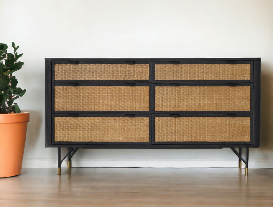 Solid Wood And Rattan Six Drawer Double Dresser - Natural / Black