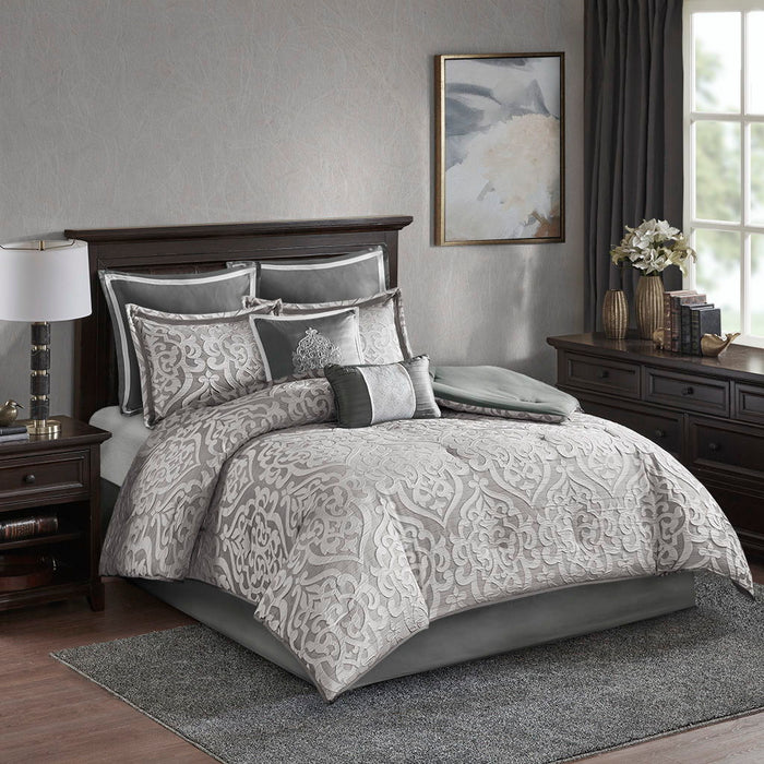 Odette - King 8 Piece Comforter Set - Silver