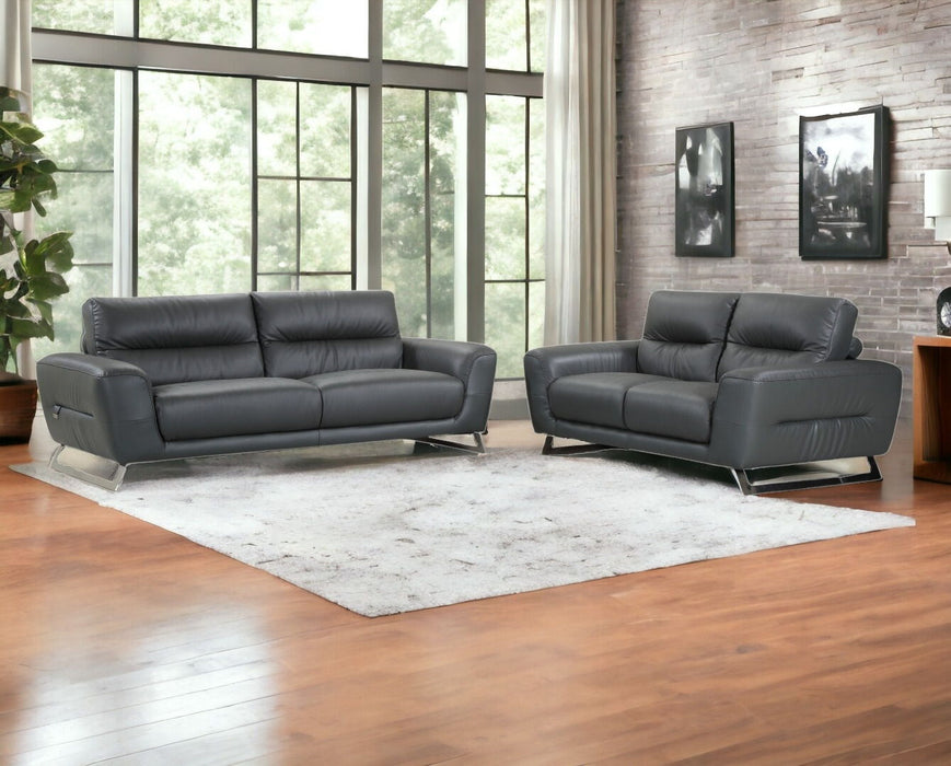 2 Piece Italian Leather Indoor Seating Set Five Person - Gray