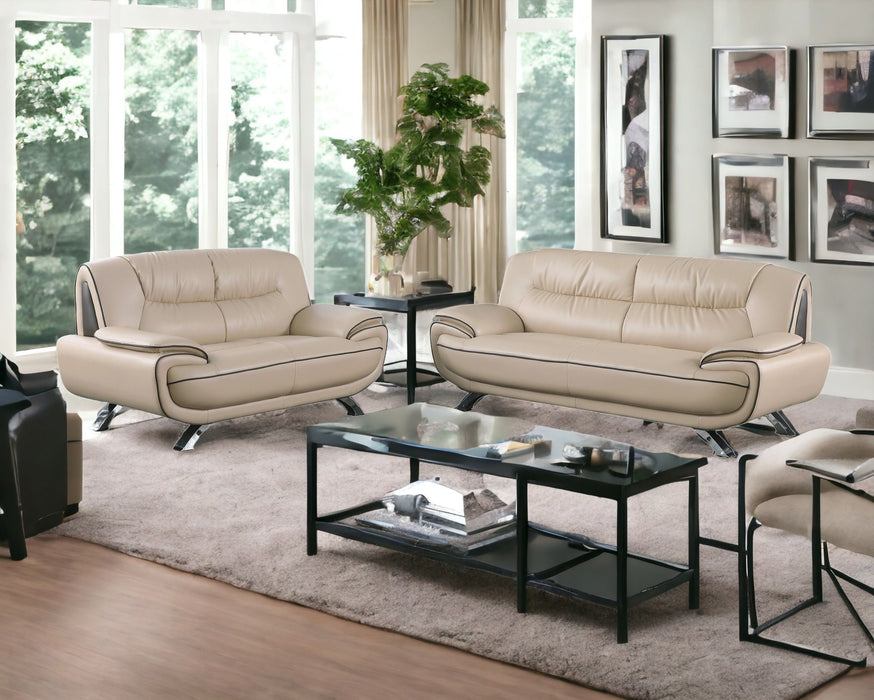 2 Piece Genuine Leather Indoor Five Person Seating Set - Beige