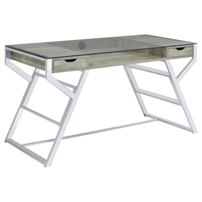 Emelle - 2-Drawer Glass Top Writing Desk - Gray Driftwood And Chrome - Simple Home Plus