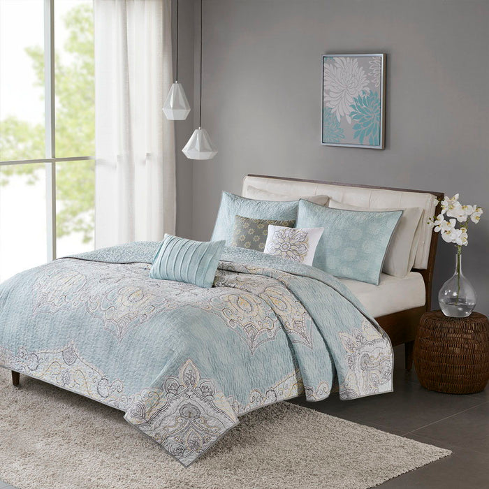 Lucinda - 6 Piece Reversible Sateen Coverlet Set - Seafoam