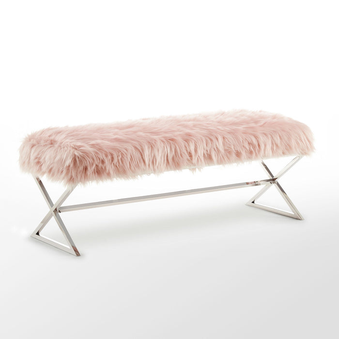 Upholstered Faux Fur Bench - Rose / Silver